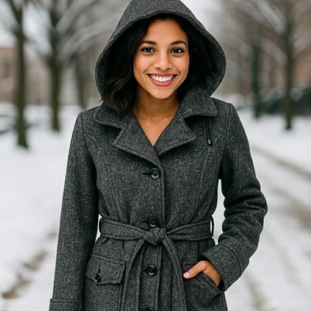 Liz Claiborne Charcoal Hooded Wool-Blend Pea Coat